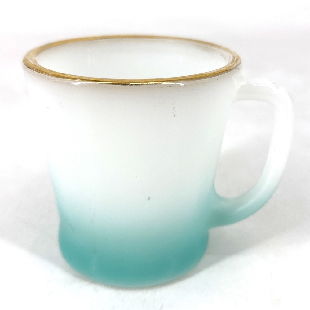 Anchor Hocking Fire King Mug Aqua Teal White Ombre Gold Rim Vintage MCM